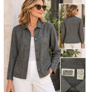 Vintage Chico’s Design Linen Rayon Jacket Size S Gray Button Front Minimalist